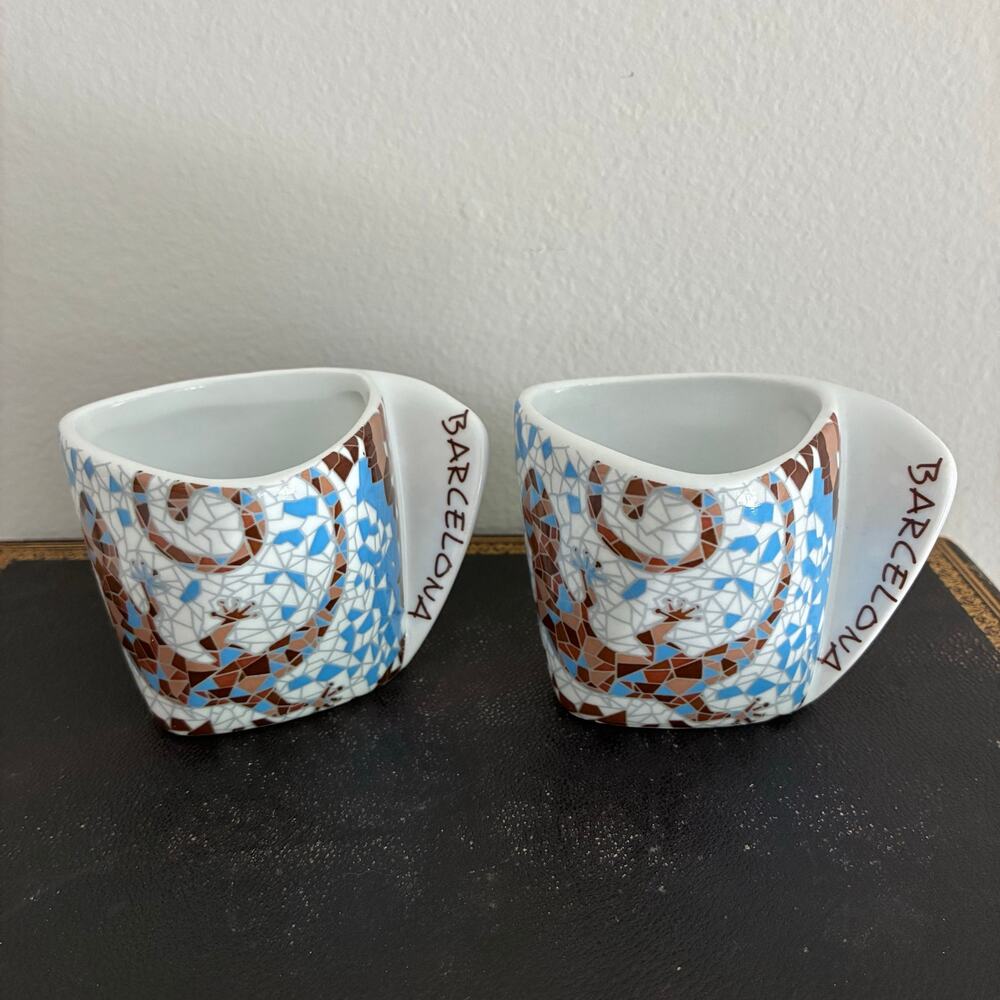 Barcelona Gaudi Mosaic Espresso Cups Set Spain Souvenir Trencadis Lizard Ceramic